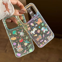 Cute Animal Green Grid Pattern Cartoon Laser Glitter Phone Case for iPhone 13 14 16 15 17 Pro 17ProMax Shockproof Clear Cover