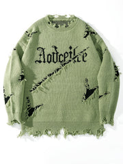 Hearujoy Men's Oversized Distressed Knit Sweater with Embroidered Letters - Gray Casual Streetwear for Fall/Winter, Loose Fit, Long Sleeve, Polyester Blend, Fall Winter Apparel|Distressed Sweater|Decorative Patches