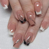 Yickyue 24Pcs White Black Short False Nails with Wave Line Rhinestone Design Detachable Press on Nails Acrylic Full Cover Nail Art Tips