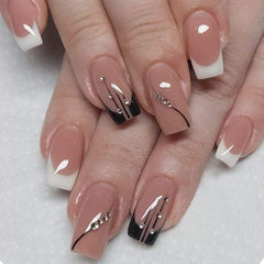 Yickyue 24Pcs White Black Short False Nails with Wave Line Rhinestone Design Detachable Press on Nails Acrylic Full Cover Nail Art Tips