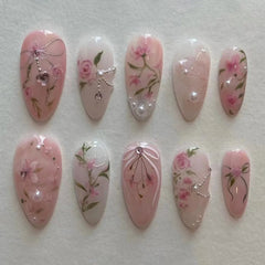 Yickyue Pink Rose Cherry Blossom Bow Hand Painted Pearl Rhinestone False Nails Detachable Finished Fake Nails Press on Nails with Glue