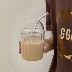 YICKYUE - Simple Striped Glass Straw Cup with Cute Lid,Juice Bubble Water Cup,Heat-resistant Coffee Cup,Colorful Drinking Cup Water Bottle