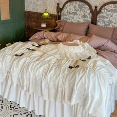 YICKYUE 100% Cotton Vintage French Pleated Lace Ruffles Bow Princess Bedding Set Duvet Cover Set Bed Skirt Bedspread Pillowcases