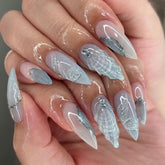 YICKYUE - 24Pcs 3D Almond Fake Nail with Glue Long Stiletto False Nails Shell Diamond Design Press on Nails Wearable French Nail Art Tips