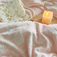 YICKYUE - Pink Princess Lace Ruffles Flowers Carved Velvet Warm 4Pcs Bedding Set Duvet Cover Bed Sheet/Fitted Sheet/Bed Skirt Pillowcases