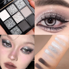 Yickyue Punk Smokey Eyeshadow Palette 9 Colors Matte Sequin Glitter Cool Toned Gray Black Eye Pigment Pearlescent Eyes Makeup Cosmetic