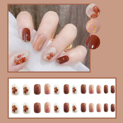 24pcs false nails with a pattern Warm brown Caramel Phnom Penh flower wear finished nail tablet False nail removable Manicure TY