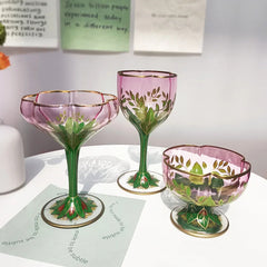 YICKYUE - Austrian Medieval Champagne Cup Crystal Glass Red Wine Cup Pink Hand-painted Ice Cream Bowl Vintage Flower Goblet