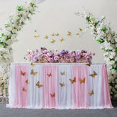 YICKYUE Albassa Table Skirts for Rectangle or Round Tables Pink Tulle TableCloth with 3D Butterfly for Princess Shower Birthday Party Decorations 9ft*H 30inPink