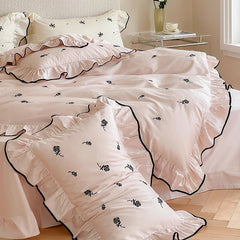Yickyue Princess Style Embroidered Roses Bedding Set 300TC Cotton Bed Sheet Pillowcase Duvet Cover with Ruffles Queen King Size 4pcs