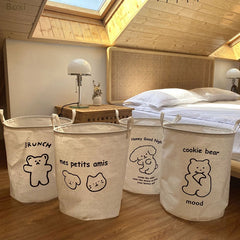 Yickyue Ins Cartoon Cute Bear Laundry Basket Organizer Cotton Linen Waterproof Home Bedroom Large Laundry Bags For Dirty Clothes Hamper