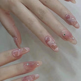 24Pcs Pink Heart Pattern False Nail with Diamond Decor Oval Pointed Head Fake Nail Full Finished Press on Nails for Women Girls