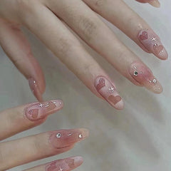 24Pcs Pink Heart Pattern False Nail with Diamond Decor Oval Pointed Head Fake Nail Full Finished Press on Nails for Women Girls
