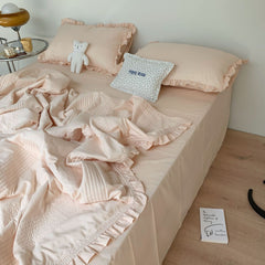 Yickyue Summer Blanket Set Korean Solid Colour Thin Quilt Bed Sheet Pillowcase 4pc Bedding Set Summer Comforter Set King Size Bed Linens