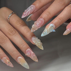 YICKYUE - 24pcs 3D Clear Butterfly Design Press on Nails French Almond Fake Nails Full Cover Wearable Summer Manicure False Nail Patch