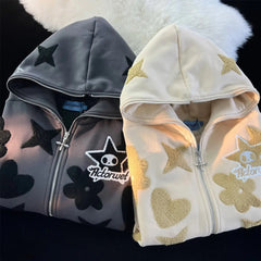 Hearujoy 90s Streetwear 2024 New Kawaii Zip Up Hoodie Women Y2K Oversized Harajuku Star Patchwork Sweatshirt Man Anime Hoodie Jacket Coat Streetwear