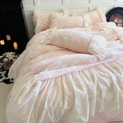 YICKYUE - Pink Princess Lace Ruffles Flowers Carved Velvet Warm 4Pcs Bedding Set Duvet Cover Bed Sheet/Fitted Sheet/Bed Skirt Pillowcases
