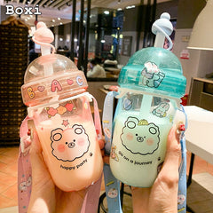 560 ML Kawaii Bubble Tea Water Bottle With Straw Cap Strap Cute Girl Student Pearl Milk Tea Plastic Bottle For Boba Drink Cups