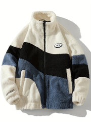 Hearujoy Warm Color Block Fleece Jacket - Men's Casual Stand Collar Zip Up Long Sleeve Outwear With Pockets For Outdoor