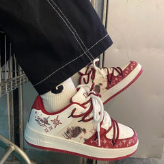 YICKYUE - Vintage Red Womens Volcanise Shoes Chic Versatile Graffiti Skateboard Shoes Round Toe Breathable Womens Casual Shoes