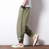 Hearujoy Mens Cotton Linen Casual Pants Chinese Style Crane Embroidery Harlan Cropped Pants Spring Summer Fashion Loose Retro Trousers