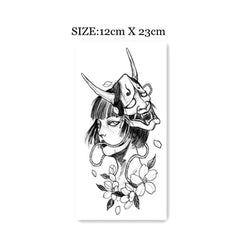 Waterproof Temporary Tattoo Sticker Japanese Black And White Ukiyo-e Half-arm Mask Flowers Body Art Fake Tattoo Flash Tattoo