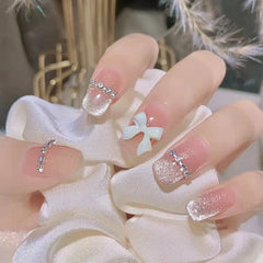 Yickyue 24Pcs Pink Ballet False Nails Long Coffin with Rhinestone Love Heart Wearable Fake Nails Full Cover Press on Nails Tips Glitter