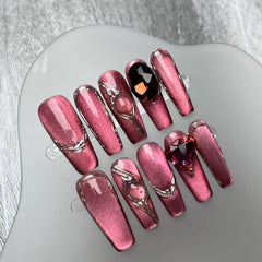 YICKYUE - 10pcs High Quality Handmade Long coffin Press On Nail version 3D Cat eye manicure red luxury press on nails Artificial Nails