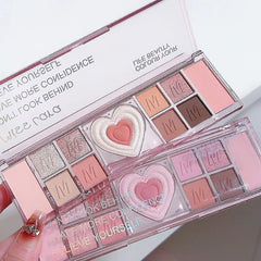 YICKYUE - 12 Colors Pink Eyeshadow Palette Pearly Matte Glitter Highly Pigmented Rouge Tray Brightening Love Heart Eyes Makeup Tools