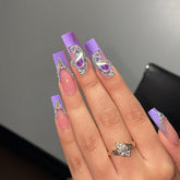 YICKYUE - 24pcs long French fake nails, metal bow fake nails, sparkling diamond design fake nail patch, white detachable full cover fake n