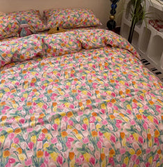 YICKYUE - Vintage flower tulip pink yellow green bedding set,twin full queen king cotton home textile bed sheet pillow case quilt cover