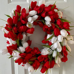 YICKYUE Simulation Tulip Wreath For Front Door Artificial Wreath Wedding Decoration Round Rattan Wreath Decor For Door Garden