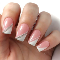 24Pcs Glitter Gradient French Fake Nail With Jelly Glue Long Square Artificial False Nail DIY Press On Finger Tip Manicure Tool
