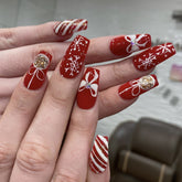 YICKYUE - 2025 Shiny Christmas Ball Fake Nails Sweet Bow Snowflake Decor False Nail Tips Wearable Mid-length Coffin Ballet Press on Nails