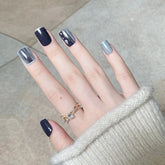 Shiny Glittler False Nails with glue Short Black Fake Nails Gold Sequins Patch Nails artificial nails Full tips faux ongle