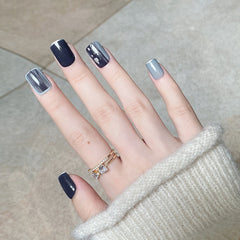 Shiny Glittler False Nails with glue Short Black Fake Nails Gold Sequins Patch Nails artificial nails Full tips faux ongle