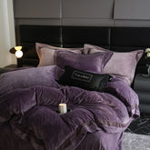 YICKYUE - 4Pcs Winter Thickened Milk Velvet Luxury Purple Bedding Set Hollow Wide Edge Duvet Cover Set Flat/Fitted Bed Sheet Pillowcases