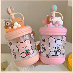 Kawaii Bear Candy Water Bottle With Straw Sticker Cute Plastic Juice Milk Portable Shaker Leakproof Water Cup For Kids BPA Free