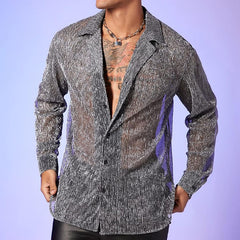 Hearujoy Spring Summer Fashion Men Long Sleeve Drop Shoulder Shirts Nightclub Perspective Mesh Cardigan Tops Sexy Shirt Streetwear