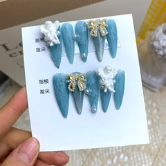 Rose Bowknot Charm Design Fake Nail With Glue Handmade Reusable Long Coffin Y2K False Nails Tips Press On Nail Art Manicure