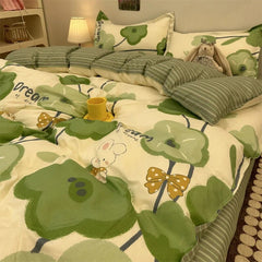 Yickyue INS Cream Style Bedding Set Duvet Cover Soft Queen Full Twin Size Floral Flat Bed Sheet Girls Pastoral Quilt Cover Pillowcase