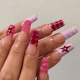 YICKYUE - Chic Red Stars Grid Pink Rhinestone Halo Dyeing French Ripple Print Fake Nail Art Detachable Finished False Nails Press on Nails