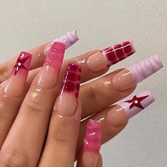YICKYUE - Chic Red Stars Grid Pink Rhinestone Halo Dyeing French Ripple Print Fake Nail Art Detachable Finished False Nails Press on Nails