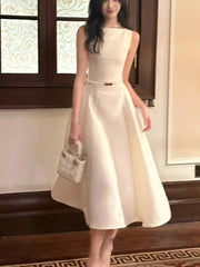 YICKYUE - Luxury French Elegant Vintage White Midi Dress Slim Wasit Sleeveless A-Line Momen's Dresses Prom Female Clothes New Mujer