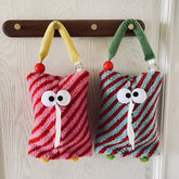 Yickyue Cute Eye Diagonal Stripes Paper Bag Hanging Polar Fleece Tissue Napkin Holder Tissue Bag Bedroom Kitchen Desktop Storage Napkins