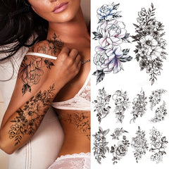 YICKYUE - 10pcs/lot sketch tattoo designs black flower peony rose temporary tattoo stickers waterproof arm sleeve breast tattoo for women