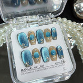 YICKYUE - 10Pcs Square Head Press On Nails Blue Cat Eye Handmade Fake Nails Shiny Gold Edge Artificial Art Manicure Full Cover Nail Tips