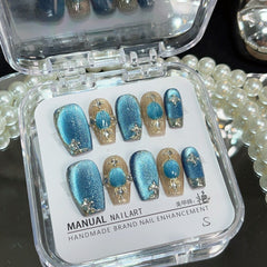 YICKYUE - 10Pcs Square Head Press On Nails Blue Cat Eye Handmade Fake Nails Shiny Gold Edge Artificial Art Manicure Full Cover Nail Tips