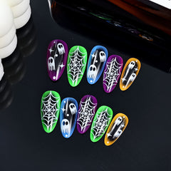 YICKYUE - 24pcs Halloween False Nails Multicolor Ghost Cobweb Design Almond Nail Tips Full Cover Black Gradient Fake Nails Press On Nails