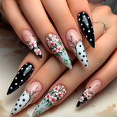 YICKYUE - 24pcs Chinese Wintersweet Press on Nails Black White Dot Printed Fake Nail Tips for Girl Women Wearable Long Almond False Nails